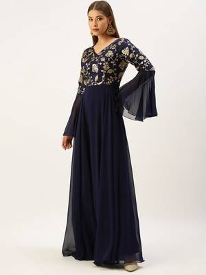 Ethnovogue Ready To Wear Blue Bell Sleeves Embroidered Gown 3