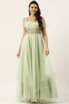 Ethnovogue Ready To Wear Multicolorcolored Viscose N Green Net Layered Gown