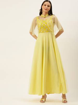 Ethnovogue Ready To Wear Yellow Embroidered Gown With Cape 1