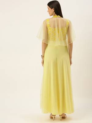 Ethnovogue Ready To Wear Yellow Embroidered Gown With Cape 2