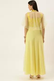 Ethnovogue Ready To Wear Yellow Embroidered Gown With Cape