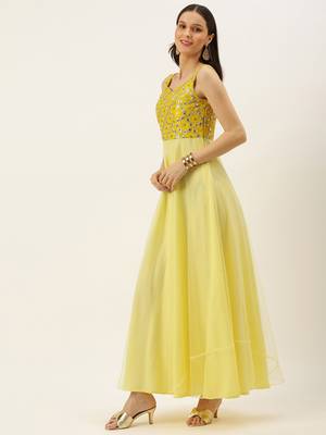 Ethnovogue Ready To Wear Yellow Embroidered Gown With Cape 3