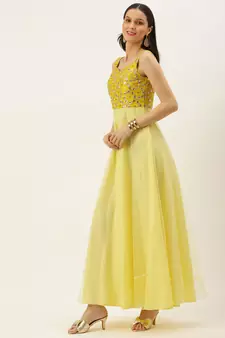 Ethnovogue Ready To Wear Yellow Embroidered Gown With Cape