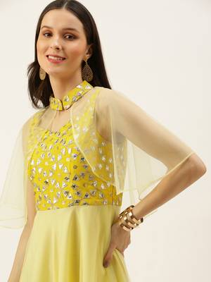 Ethnovogue Ready To Wear Yellow Embroidered Gown With Cape 5