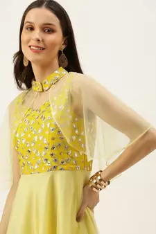 Ethnovogue Ready To Wear Yellow Embroidered Gown With Cape