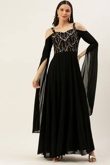 Ethnovogue Ready To Wear Black Net Embroidered Cape Style Sleeve Gown