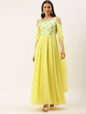 Ethnovogue Ready To Wear Dusty Blue Net N yellow Cape Style Sleeve Gown 1