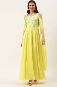 Ethnovogue Ready To Wear Dusty Blue Net N yellow Cape Style Sleeve Gown