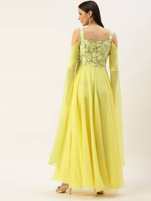 Ethnovogue Ready To Wear Dusty Blue Net N yellow Cape Style Sleeve Gown 2