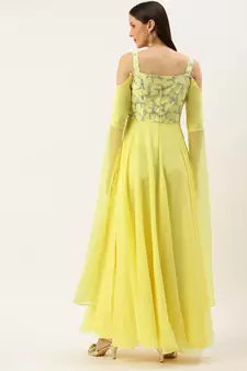 Ethnovogue Ready To Wear Dusty Blue Net N yellow Cape Style Sleeve Gown