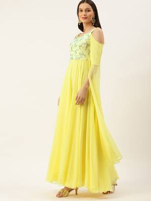 Ethnovogue Ready To Wear Dusty Blue Net N yellow Cape Style Sleeve Gown 3