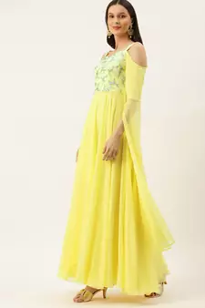 Ethnovogue Ready To Wear Dusty Blue Net N yellow Cape Style Sleeve Gown
