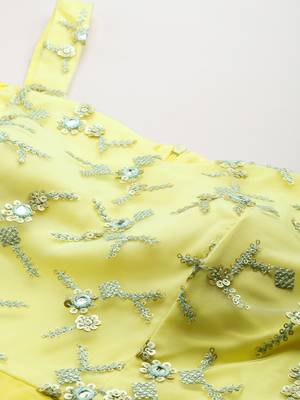 Ethnovogue Ready To Wear Dusty Blue Net N yellow Cape Style Sleeve Gown 4