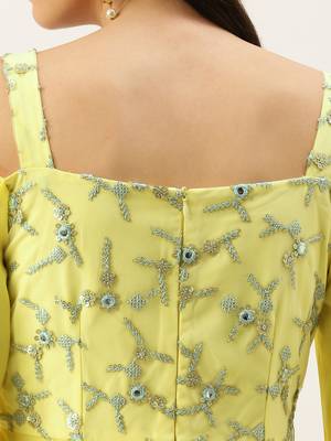 Ethnovogue Ready To Wear Dusty Blue Net N yellow Cape Style Sleeve Gown 5