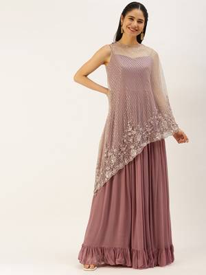 Ethnovogue Ready To Wear Brown Embroidered Net Pink Viscose Gown 1