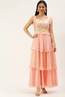 Ethnovogue Ready To Wear  Peach Embroidered Tiered  Gown