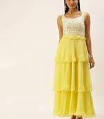 Ethnovogue Ready To Wear White Embroidered N Yellow Tiered Gown