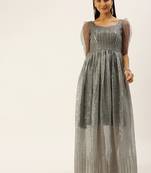 Ethnovogue Ready To Wear Grey Embroidered Organza N Black Sheer Gown