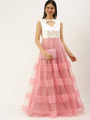 Ethnovogue Ready To Wear White Embroidered Chinon N Peach Net Gown 1