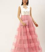 Ethnovogue Ready To Wear White Embroidered Chinon N Peach Net Gown