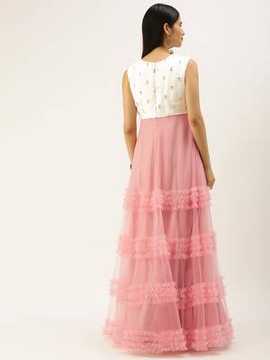 Ethnovogue Ready To Wear White Embroidered Chinon N Peach Net Gown 2