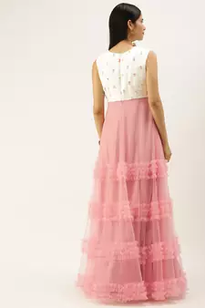Ethnovogue Ready To Wear White Embroidered Chinon N Peach Net Gown