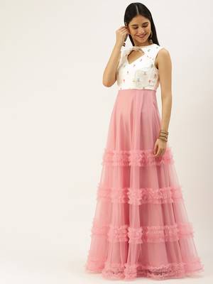 Ethnovogue Ready To Wear White Embroidered Chinon N Peach Net Gown 3