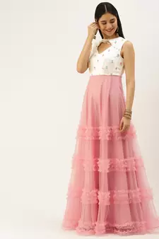 Ethnovogue Ready To Wear White Embroidered Chinon N Peach Net Gown