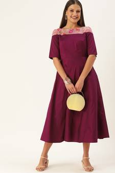 Ethnovogue Ready To Wear Dark Purple Boat Neck Embroidered Dress