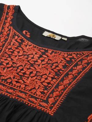 Hand Embroidered Black & Rust Cotton Lucknow Chikankari Women Short Kurti 6