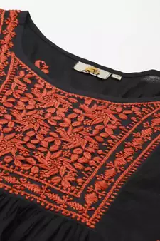 Hand Embroidered Black & Rust Cotton Lucknow Chikankari Women Short Kurti