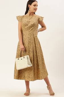 Ethnovogue Ready To Wear Beige Printed Rayon Calf Length Dress