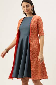 Ethnovogue Ready To Wear Grey Rayon Boat Neck Dress With Red Chanderi Jacket