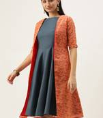 Ethnovogue Ready To Wear Grey Rayon Boat Neck Dress With Red Chanderi Jacket