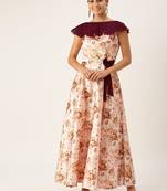 Ethnovogue Ready To Wear Pink Taffeta Digital Printed N Burgundy Dress