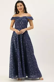 Ethnovogue Ready To Wear Blue Digital Printed Art Silk Off Shoulder Dress