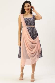 Ethnovogue Ready To Wear Pink N Blue Digital Printed Art Silk Dress