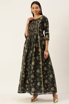 Ethnovogue Ready To Wear Green Chanderi Printed Floral Maxi Dress