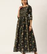 Ethnovogue Ready To Wear Green Chanderi Printed Floral Maxi Dress