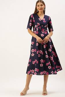 Ethnovogue Ready To Wear Blue Printed Art Silk Fit And Flare Dress