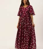 Ethnovogue Ready To Wear Maroon Satin Blend Foil Printed Slit Maxi Dress