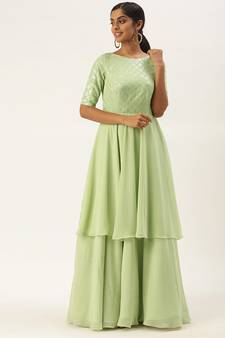 Ethnovogue Ready To Wear Green Georgette Embroidered Layered Gown