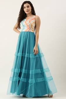 Ethnovogue Ready To Wear Multicolorcolored Embroidered N Scuba Blue Ruffles Gown
