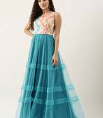 Ethnovogue Ready To Wear Multicolorcolored Embroidered N Scuba Blue Ruffles Gown