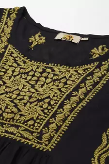 Hand Embroidered Black & Green Cotton Lucknow Chikankari Women Short Kurti