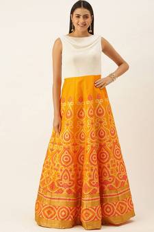 Ethnovogue Ready To Wear Yellow Jacquard N White Georgette Kali Gown