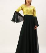 Ethnovogue Ready To Wear Yellow N Green Bell Sleeves Embroidered Gown