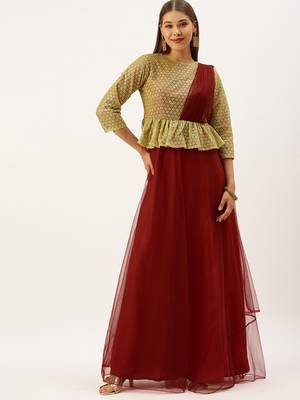 Ethnovogue Ready To Wear Gold N Red Embroidered Net Layered Gown 1