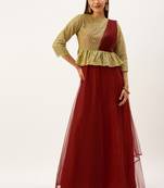 Ethnovogue Ready To Wear Gold N Red Embroidered Net Layered Gown