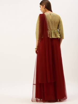 Ethnovogue Ready To Wear Gold N Red Embroidered Net Layered Gown 2